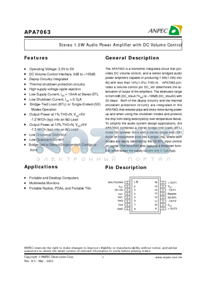 APA7063K datasheet - Stereo 1.5W Audio Power Amplifier with DC Volume Control