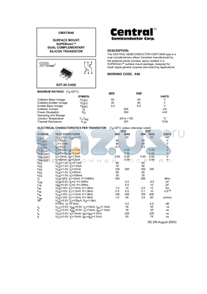 CMXT3946 datasheet - SURFACE MOUNT SUPERmin DUAL COMPLEMENTARY SILICON TRANSISTOR