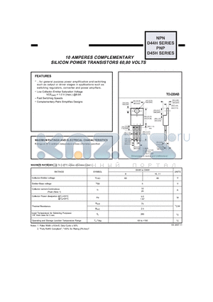 D44H8 datasheet - 10 AMPERES COMPLEMENTARY SILICON POWER TRANSISTORS 60,80 VOLTS
