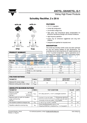 43CTQ100GS datasheet - Schottky Rectifier, 2 x 20 A