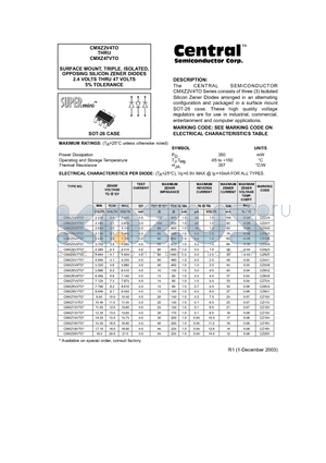 CMXZ10VTO datasheet - SURFACE MOUNT, TRIPLE, ISOLATED, OPPOSING SILICON ZENER DIODES 2.4 VOLTS THRU 47 VOLTS 5% TOLERANCE