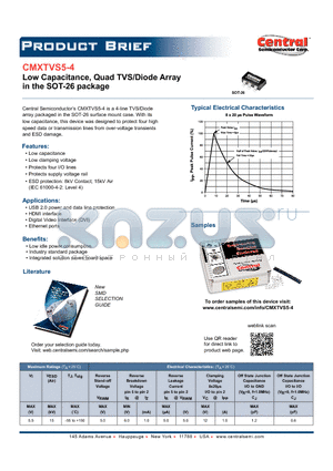 CMXTVS5-4 datasheet - Low Capacitance, Quad TVS/Diode Array in the SOT-26 package