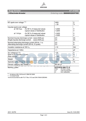 A71-H16XG datasheet - 2-Electrode-Arrester
