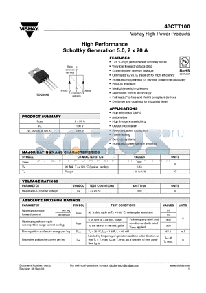 43CTT100 datasheet - High Performance Schottky Generation 5.0, 2 x 20 A