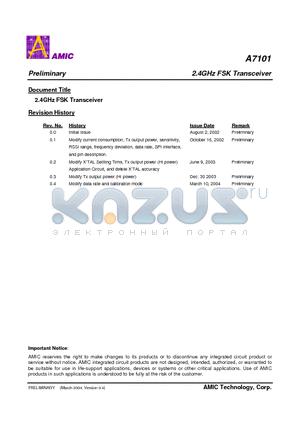 A7101 datasheet - 2.4GHz FSK Transceiver