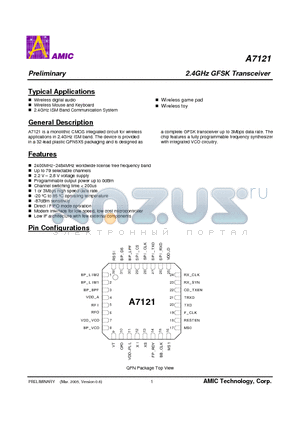 A7121 datasheet - 2.4GHz GFSK Transceiver
