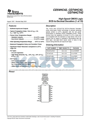 CD74HC42 datasheet - High-Speed CMOS Logic BCD-to-Decimal Decoders