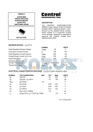 CMXSH-3 datasheet - SUPER-MINI TRIPLE ISOLATED SURFACE MOUNT SCHOTTKY SWITCHING DIODE