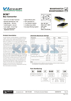 B048F040T20 datasheet - BCM Bus Converter