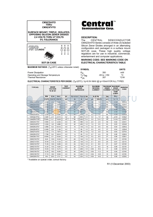 CMXZ6V8TO datasheet - SURFACE MOUNT, TRIPLE, ISOLATED, OPPOSING SILICON ZENER DIODES 2.4 VOLTS THRU 47 VOLTS 5% TOLERANCE