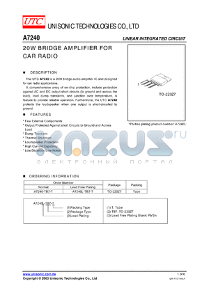 A7240-TB7-T datasheet - 20W BRIDGE AMPLIFIER FOR CAR RADIO