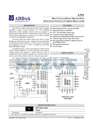 A723 datasheet - HIGH VOLTAGE BOOST DRIVER WITH 8 CHANNELS CONSTANT CURRENT REGULATORS