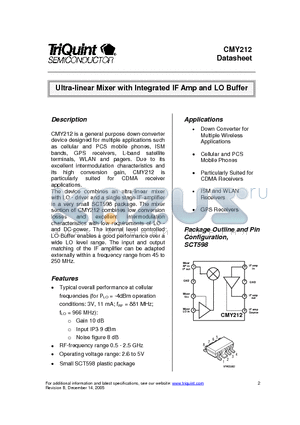 CMY212 datasheet - Ultra-linear Mixer with Integrated IF Amp and LO Buffer