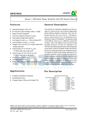 APA7063 datasheet - Stereo 1.5W Audio Power Amplifier with DC Volume Control