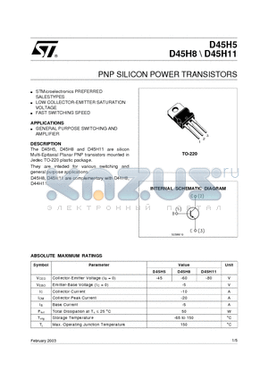 D45H11 datasheet - PNP SILICON POWER TRANSISTORS