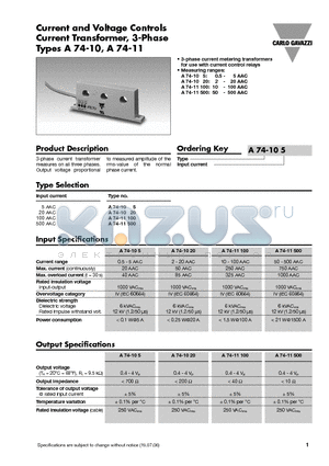 A74-11 datasheet - Current and Voltage Controls Current Transformer, 3-Phase