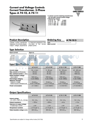 A74-10 datasheet - Current and Voltage Controls Current Transformer, 3-Phase