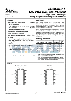 CD74HC4352E datasheet - High Speed CMOS Logic Analog Multiplexers/Demultiplexers with Latch