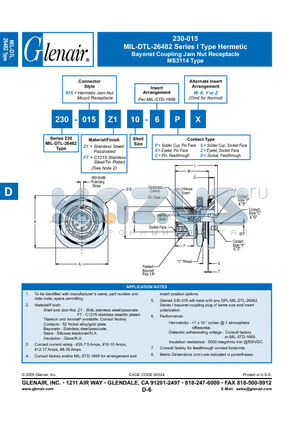 230-015FT18-6DW datasheet - Bayonet Coupling Jam Nut Receptacle