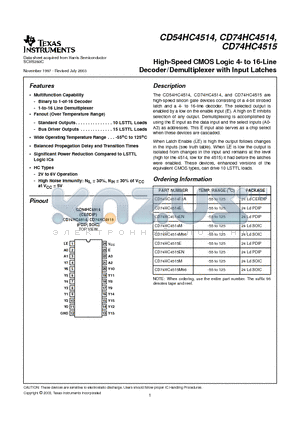 CD74HC4514ENE4 datasheet - HIGH-SPEED CMOS LOGIC 4-TO-16 LINE DECODER/DEMULTIPLEXER WITH INPUT LATCHES