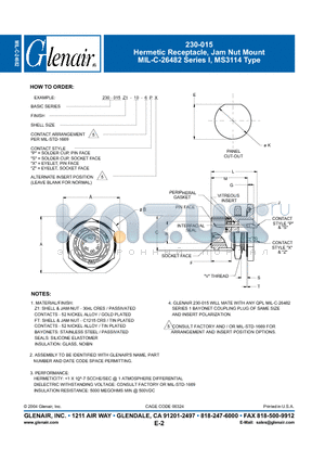 230-015Z1-86S datasheet - Hermetic Receptacle, Jam Nut Mount