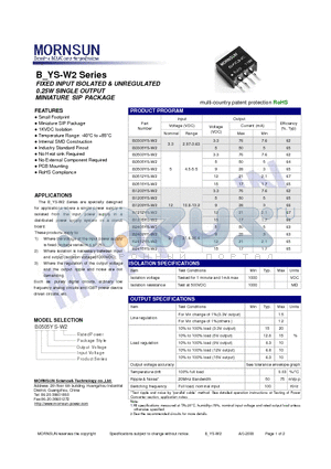 B0515YS-W2 datasheet - MINIATURE SIP PACKAGE