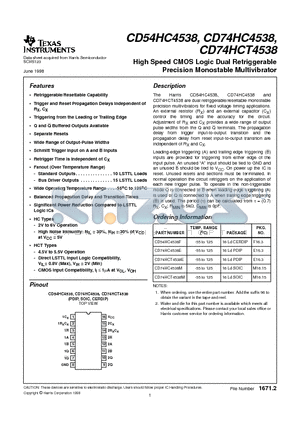 CD74HC4538E datasheet - High Speed CMOS Logic Dual Retriggerable Precision Monostable Multivibrator