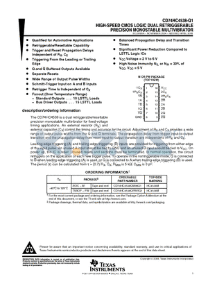 CD74HC4538QM96Q1 datasheet - HIGH-SPEED CMOS LOGIC DUAL RETRIGGERABLE PRECISION MONOSTABLE MULTIVIBRATOR