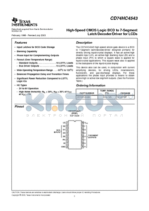CD74HC4543 datasheet - High-Speed CMOS Logic BCD to 7-Segment Latch/Decoder/Driver for LCDs