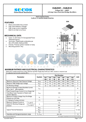 D4KB2 datasheet - Voltage 50V ~ 1000V 4.0Amp Glass Passivited Bridge Rectifiers