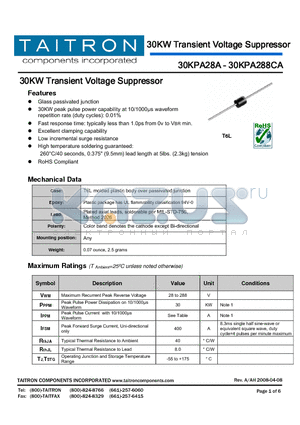 30KPA108CA datasheet - 30KW Transient Voltage Suppressor
