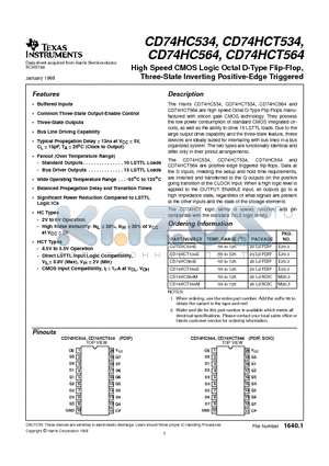 CD74HC564M datasheet - High Speed CMOS Logic Octal D-Type Flip-Flop, Three-State Inverting Positive-Edge Triggered