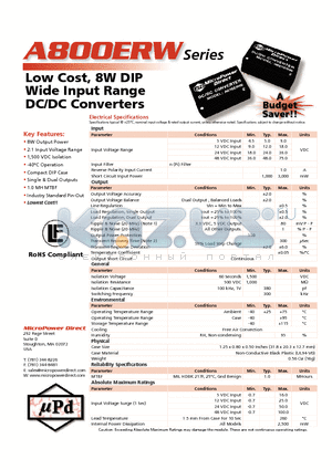 A801ERW datasheet - Low Cost, 8W DIP Wide Input Range DC/DC Converters