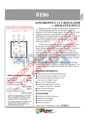 A8186SLU datasheet - LOW-DROPOUT, 3.3 V REGULATOR . HIGH EFFICIENCY