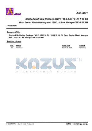 A81L801UG-70F datasheet - Stacked Multi-chip Package (MCP) 1 M X 8 Bit / 512K X 16 Bit Boot Sector Flash Memory and 128K x 8 Low Voltage CMOS SRAM