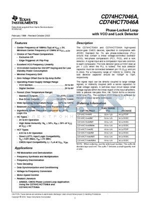 CD74HC7046AEE4 datasheet - Phase-Locked Loop with VCO and Lock Detector