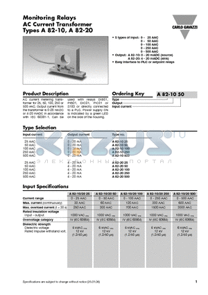 A82-1050 datasheet - Monitoring Relays AC Current Transformer