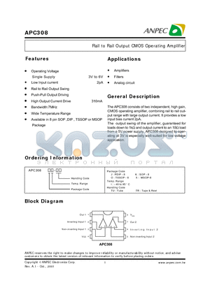 APC308OI-TR datasheet - Rail to Rail Output CMOS Operating Amplifier