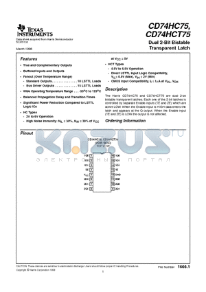 CD74HC75 datasheet - Dual 2-Bit Bistable Transparent Latch