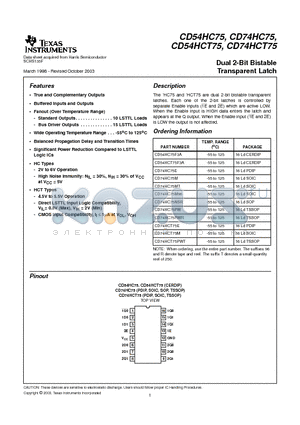 CD74HC75M datasheet - Dual 2-Bit Bistable Transparent Latch