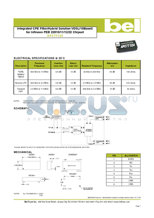 APC77124 datasheet - Integrated CPE Filter/Hybrid Solution VDSL/10BaseS for Infineon PEB 22810/11/12/22 Chipset