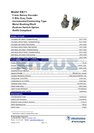 EN11-HSB0BQ20 datasheet - 11mm Rotary Encoder 2 Bits Gray Code Incremental/Contacting Type Metal Bushing/Shaft Push-on Switch Option RoHS Compliant