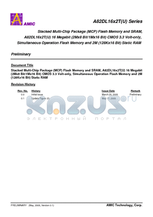 A82DL1622UG-70IF datasheet - Stacked Multi-Chip Package (MCP) Flash Memory and SRAM, A82DL16x2T(U) 16 Megabit (2Mx8 Bit/1Mx16 Bit) CMOS 3.3 Volt-only, Simultaneous Operation Flash