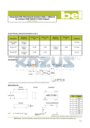 APC77163 datasheet - Integrated CPE Filter/Hybrid Solution VDSL / 10BaseS for Infineon PEB 22810/11/12/22 Chipset