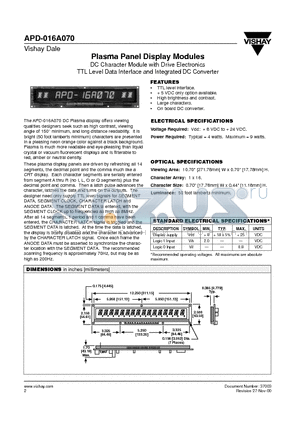 APD-016A070 datasheet - Plasma Panel Display Modules DC Character Module with Drive Electronics TTL Level Data Interface and Integrated DC Converter