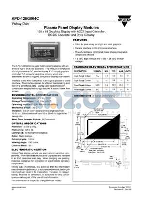 APD-128G064C datasheet - Plasma Panel Display Modules 128 x 64 Graphics Display with ASCII Input Controller, DC/DC Converter and Drive Circuitry