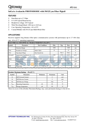 APD-1300 datasheet - InGaAs Avalanche PHOTODIODE with 50/125 um Fiber Pigtail