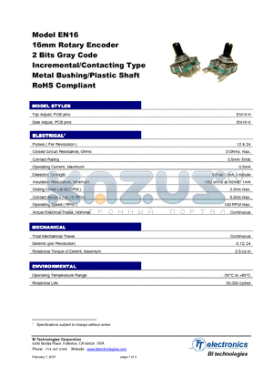 EN16-H10BF20 datasheet - 16mm Rotary Encoder 2 Bits Gray Code Incremental/Contacting Type Metal Bushing/Plastic Shaft RoHS Compliant