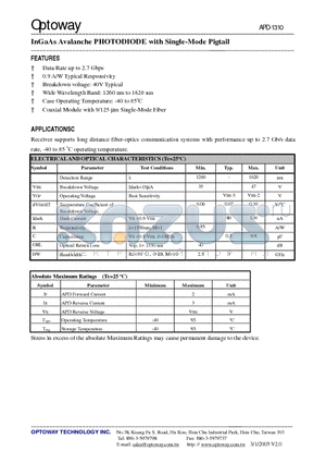 APD-1300-VT datasheet - InGaAs Avalanche PHOTODIODE with Single-Mode Pigtail