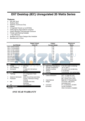 D57-121667-N000G datasheet - D57 Desktop (IEC) Unregulated 20 Watts Series